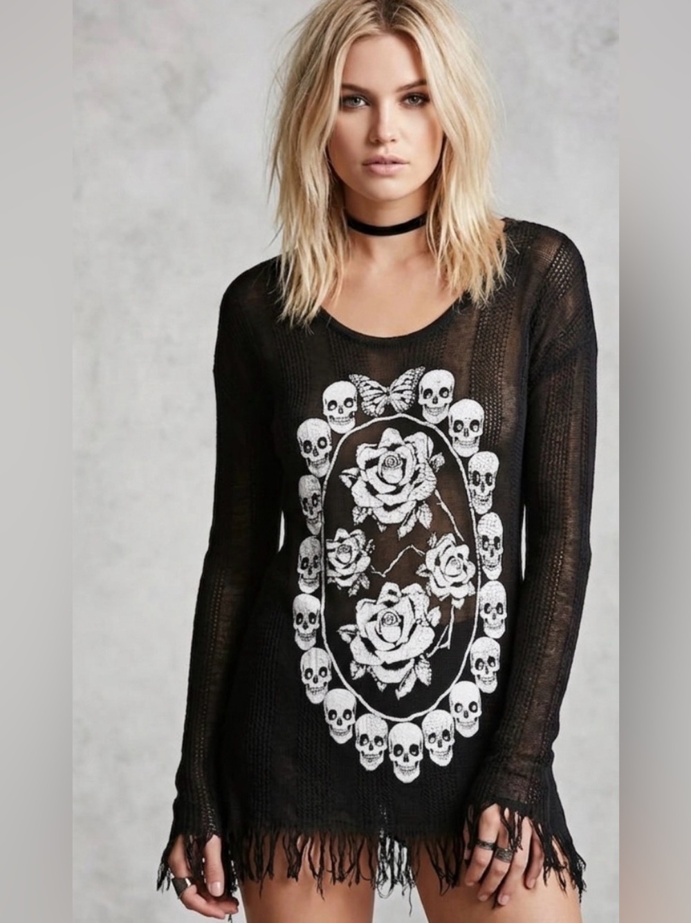 Lauren Moshi Black Skull and Rose Knit Sweater